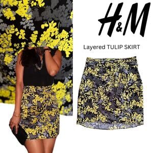 H&M Layered Tulip Skirt Yellow Black Spring Summer Fall Career Modern Casual